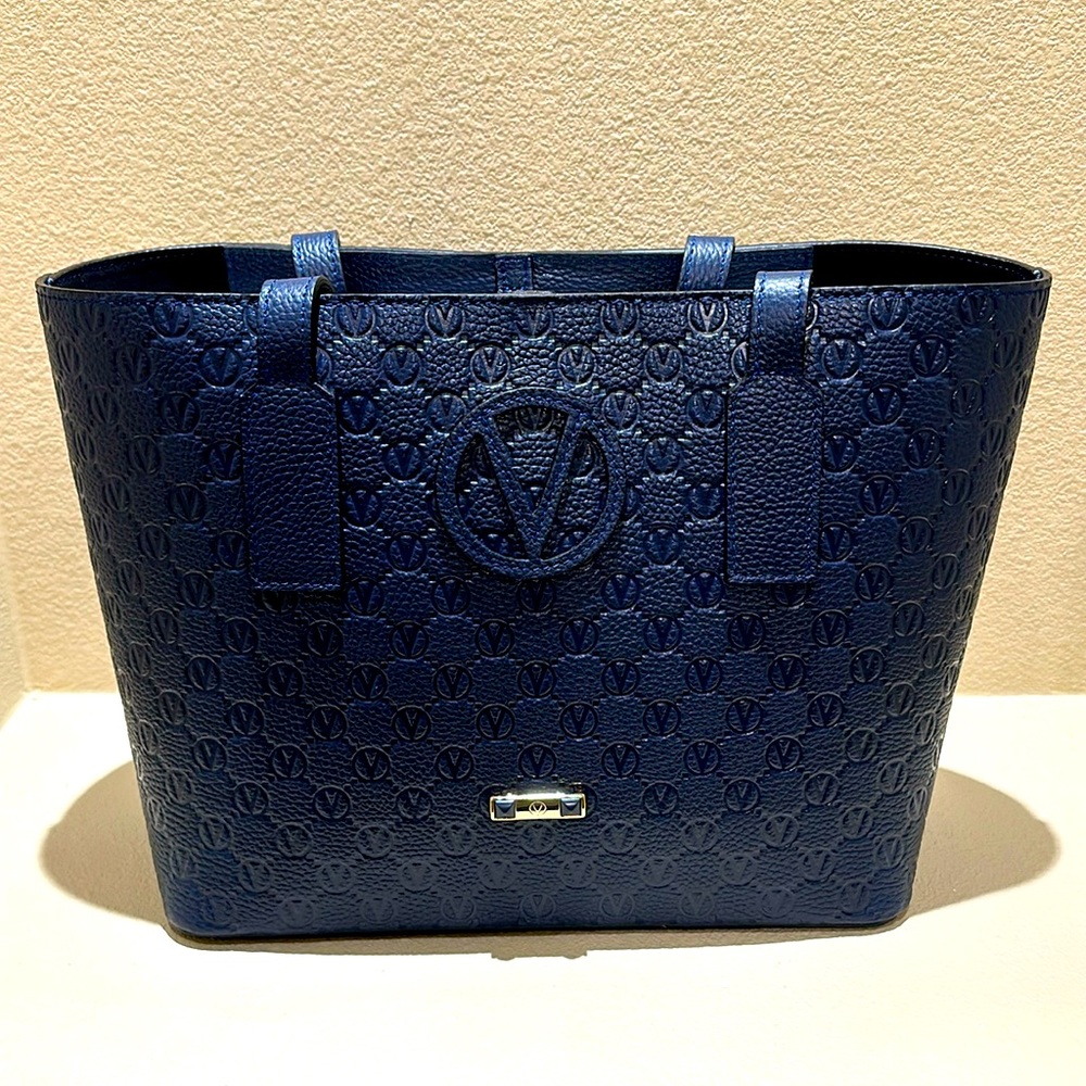 Valentino by Mario Navy Blue Embossed Tote Bag